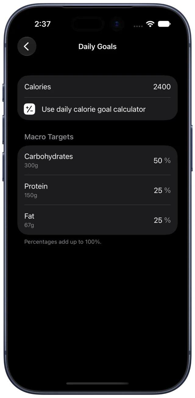 Calbook's daily goals screen for calories and macro split.