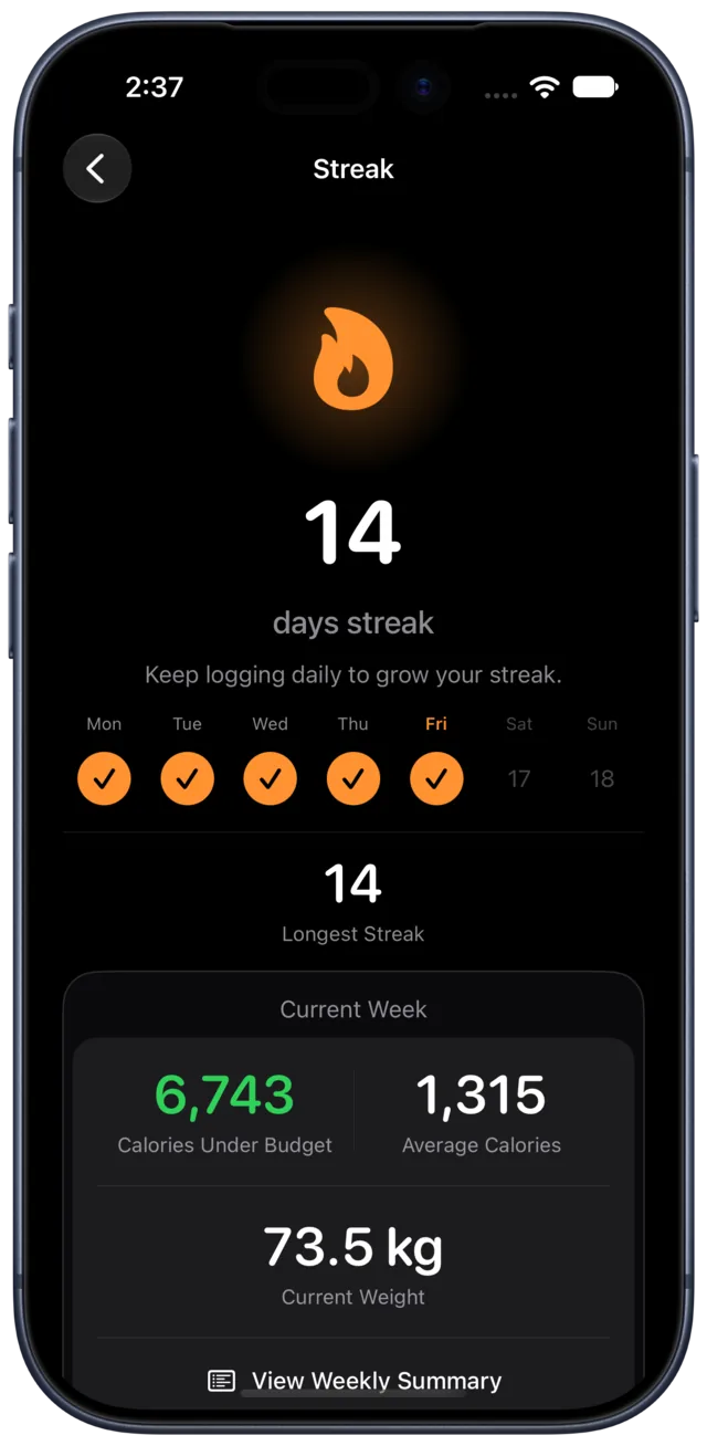 Calbook's streak screen showing a fourteen-day logging streak.