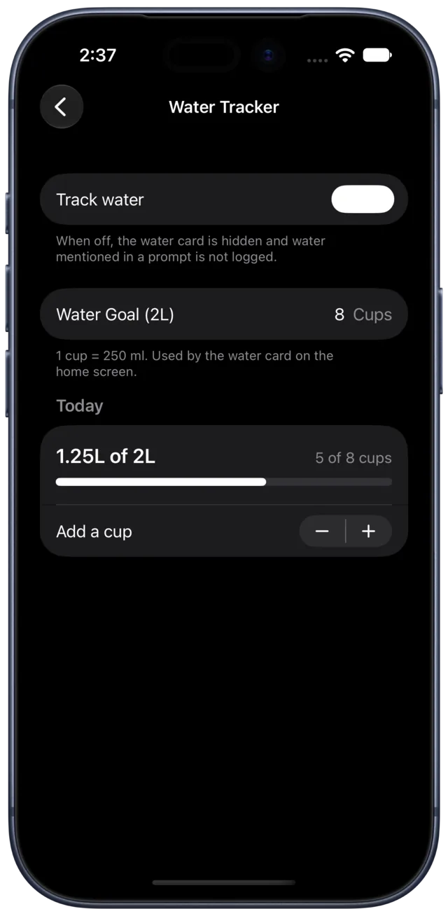 Calbook's water tracker showing 1.25 litres against a two-litre goal.